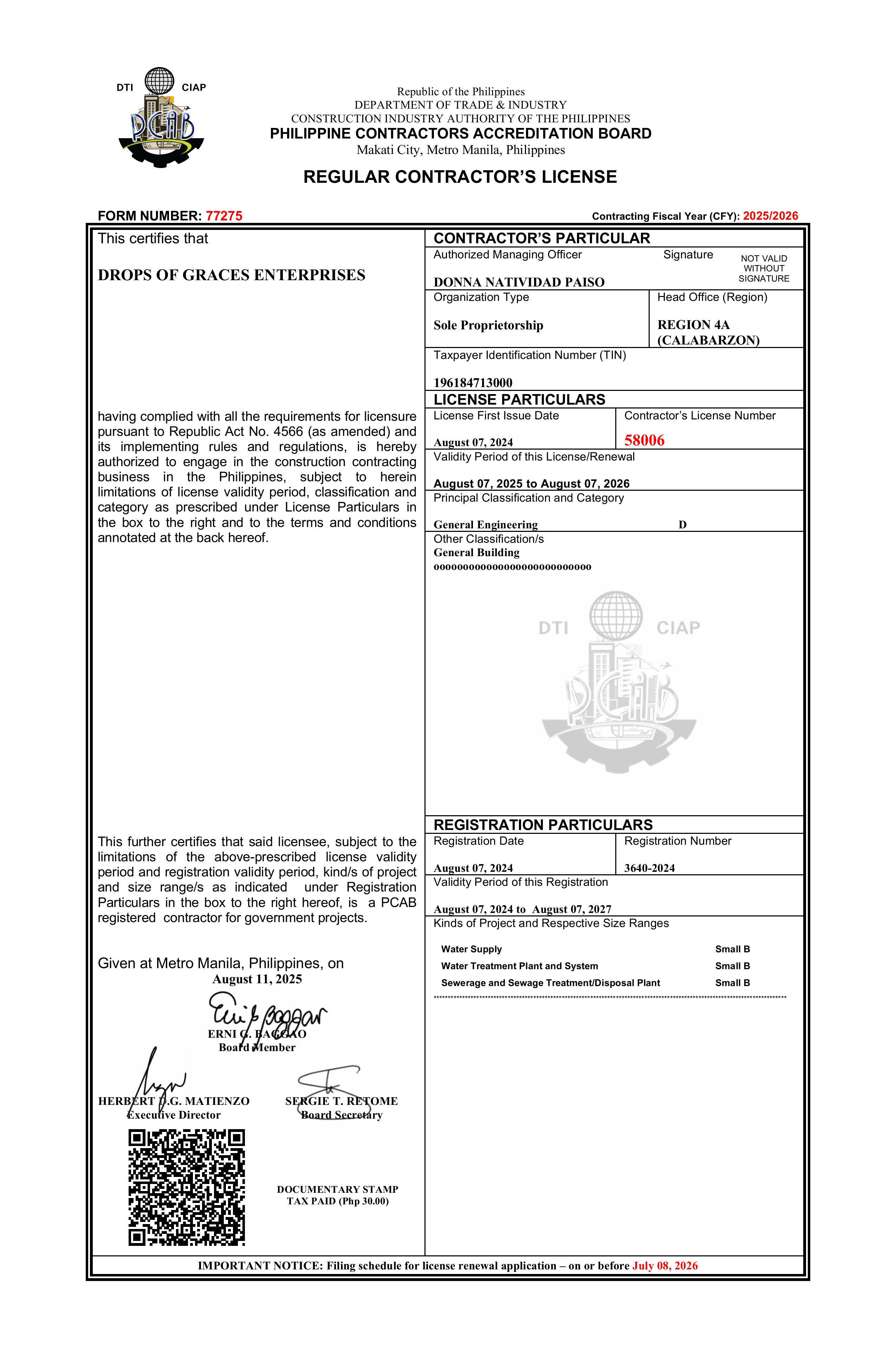 Regular Contractor's license