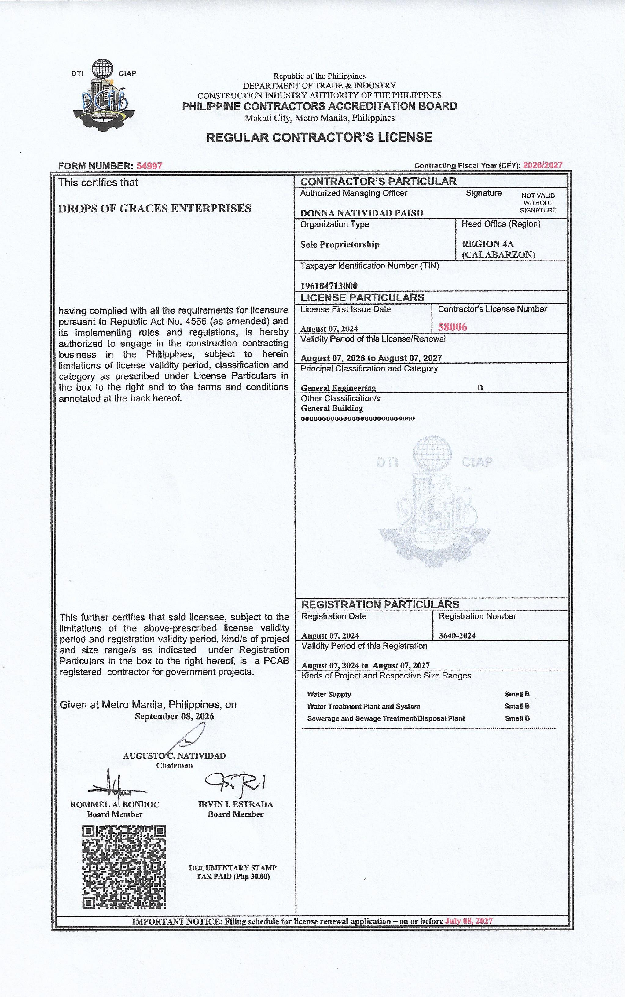 Regular Contractor's license
